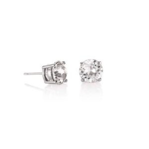 A pair of diamond earrings is shown on a white background.