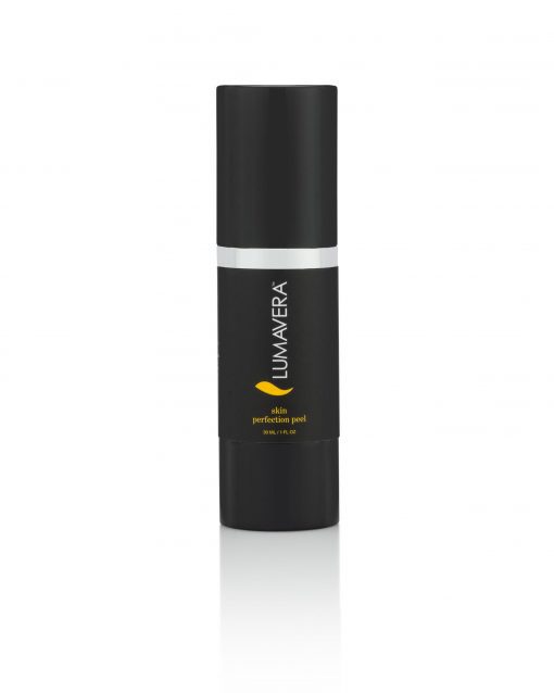 A black bottle of skin perfecting gel on top of a white surface.