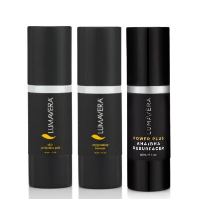 Three bottles of cosmetics are shown with a black background.