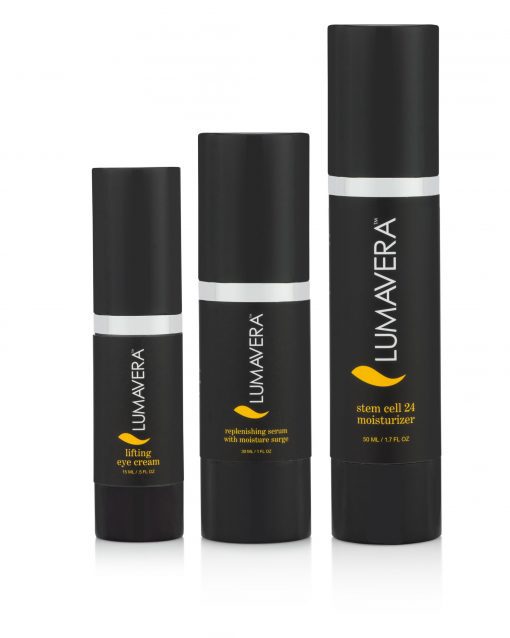 Three different sizes of lumavera skin care products.