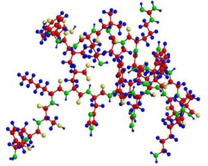 A molecular structure of red, green and blue atoms.