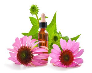 A bottle of essential oil with flowers and leaves.