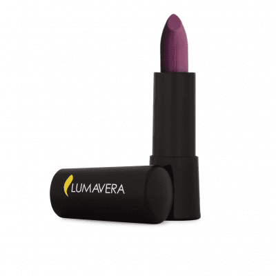 A purple lipstick is sitting in a black tube.