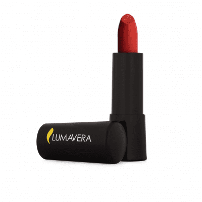 A red lipstick is sitting in the black tube.