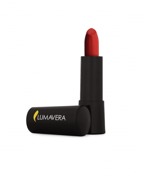 A red lipstick is sitting in the black tube.