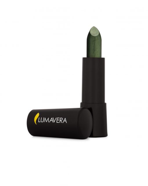 A green lipstick is sitting in its tube.
