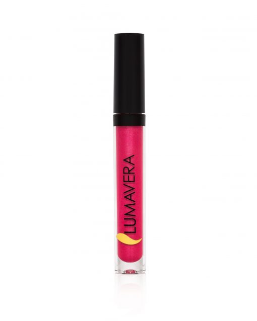 A pink lip gloss with black lid and yellow logo.