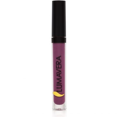 A purple lip gloss tube with black lid.