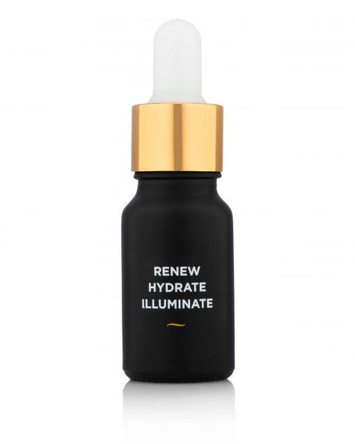 A bottle of serum with gold cap.