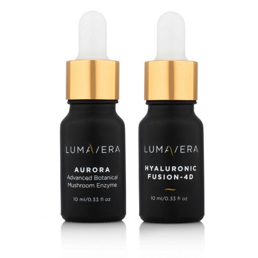 Two bottles of serum with gold lids on them.