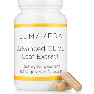 A bottle of olive leaf extract capsules.